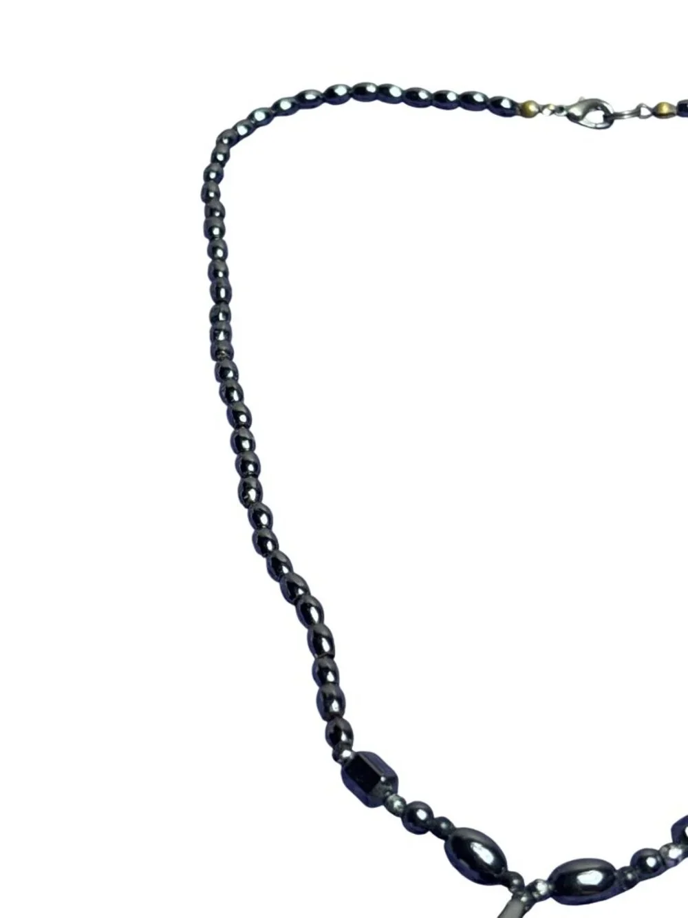 Vtg 90s Artisan Hematite Beaded Necklace Silvertone Lobster Clasp Drop Pendant